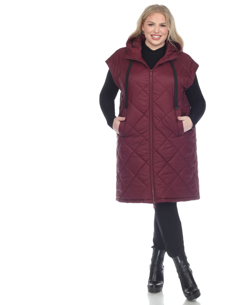 Front of a model wearing a size 3X Women's Diamond Quilted Hooded Puffer Vest in Burgundy by White Mark. | dia_product_style_image_id:306475